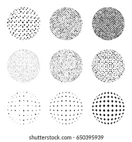Set of Halftone distorted elements isolated on the white background.Collection of halftone effect dot patterns.Sphere illustration.Abstract business symbol. Vector logo for your design.