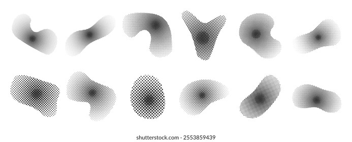 Set of halftone dot shapes. Gradient dot texture for design. Vector trendy dot effects using halftone, circle gradient.