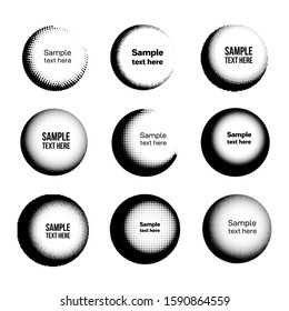 Set of Halftone dots in circle form. Round logo dotted frame. Design element brochure design template, poster, card, banner. Vector illustration. Isolated on white background.