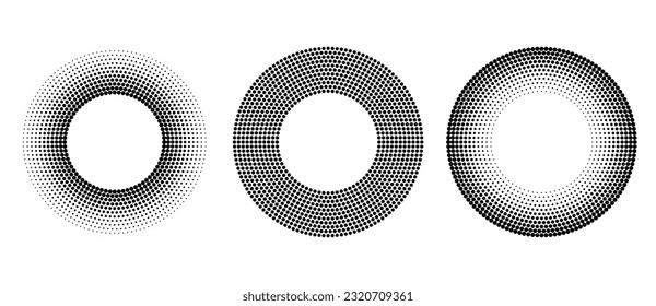 Conjunto de puntos de medio tono en forma circular con diferentes gradientes.