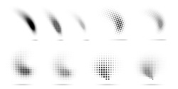 Satz Von Halbtonpunkten Gebogene Farbverlauf-Muster Textur Einzeln Auf Weißem Hintergrund. Kurven Sie Punktierte Flecken Mithilfe Der Punktstruktursammlung Mit Halbkreis-Punkten. Halbtonsammlung Für Vektorblot. 