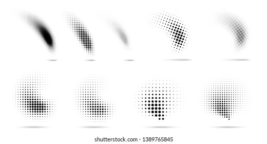 Set halftone dots curved gradient pattern texture isolated white background  Curve dotted spots using halftone circle dot raster texture collection  Vector blot half tone collection  