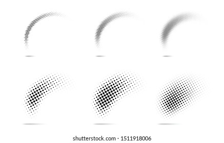 Set of halftone dots curved gradient pattern texture isolated on white background. Curve dotted spots using halftone circle dot raster texture collection. Vector blot half tone collection. 