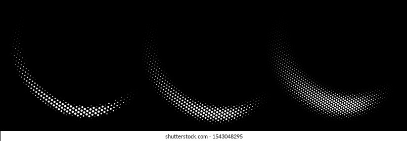 Set of halftone dots curved gradient pattern texture isolated on white background. Curve dotted spots using halftone circle dot raster texture collection. Vector blot half tone collection. 