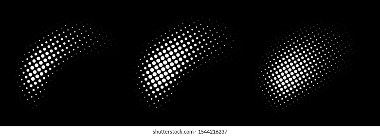 Set of halftone dots curved gradient pattern texture isolated on white background. Curve dotted spots using halftone circle dot raster texture collection. Vector blot half tone collection. 