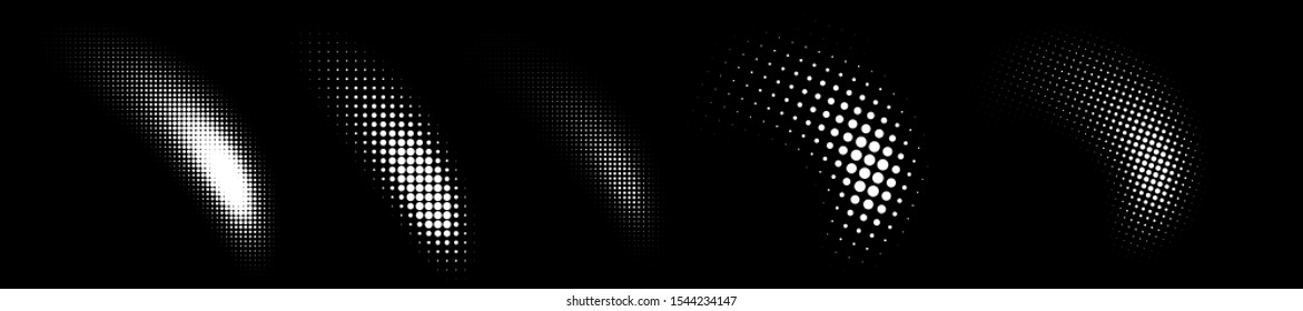Set of halftone dots curved gradient pattern texture isolated on white background. Curve dotted spots using halftone circle dot raster texture collection. Vector blot half tone collection. 