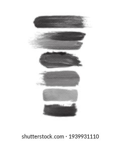Conjunto de puntos de medio tono de textura de patrón de gradiente curvo aislado en fondo blanco. Curva puntos punteados usando la colección de texturas de trama de puntos de círculo semitonario. Colección de media tonalidad de manchas vectoriales.