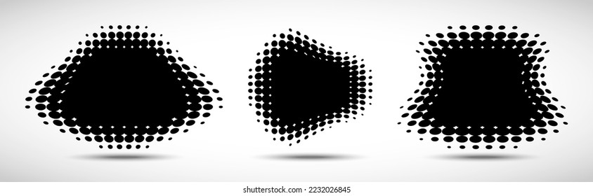 Set of halftone dots curved gradient pattern texture background. Curve dotted spots using halftone circle dot raster texture. Vector emblem. Logo half tone collection. Sale banners.