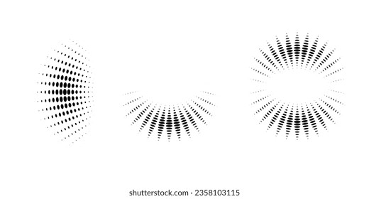 Set of halftone dots curved gradient pattern texture isolated on white background. Curve dotted spots using halftone circle dot raster texture collection.