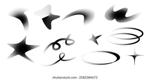 Set of halftone dots curved gradient pattern texture isolated on white background. Curve dotted spots using halftone circle dot raster texture collection. Vector blot half tone collection. vector eps