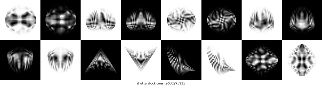 Set of halftone dots curved gradient pattern textures background. Curve dotted spots using half tone circle dot texture. 3d halftone logo collection. Vector illustration.