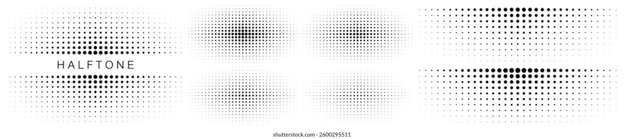 Set of halftone dots curved gradient pattern textures background. Curve dotted spots using half tone circle dot texture. Halftone design elements collection. Vector illustration.