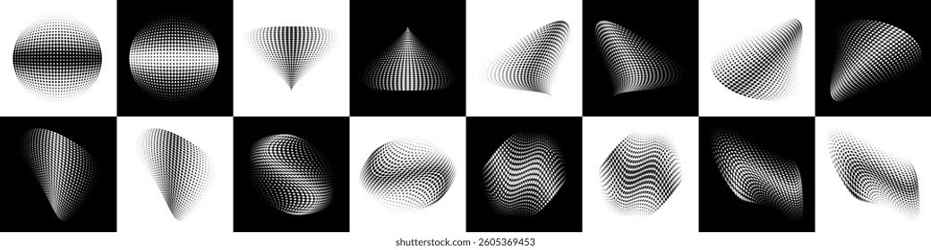 Set of halftone dots curved gradient pattern textures background. Curve dotted spots using half tone circle dot texture. 3d halftone logo collection. Vector illustration.
