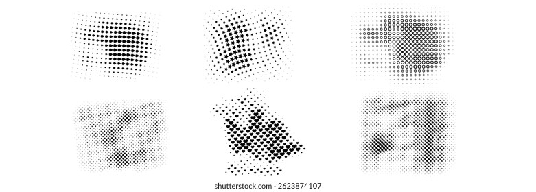 Set of halftone dots curved gradient pattern texture isolated on white background. Curve dotted spots using halftone circle dot raster texture collection.