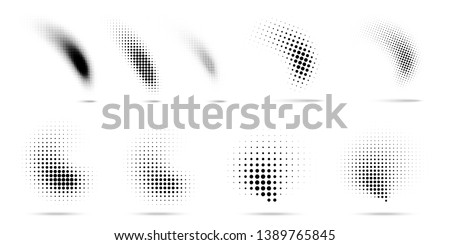 Set of halftone dots curved gradient pattern texture isolated on white background. Curve dotted spots using halftone circle dot raster texture collection. Vector blot half tone collection. 