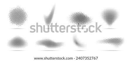 Set of halftone dots curved gradient pattern texture isolated on white background. Curve dotted spots using halftone circle dot raster texture collection. Vector blot half tone collection. 