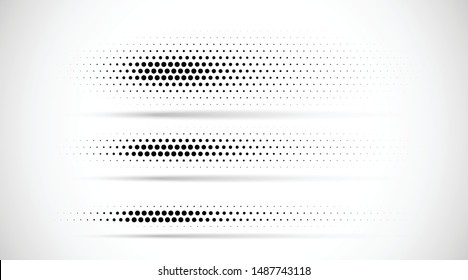 Set halftone dots gradient pattern texture isolated white background  Straight dotted spots using halftone circle dot raster texture  Vector blot half tone collection  Divider lines 