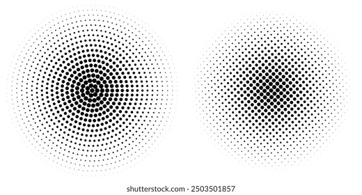 Set of halftone dots gradient pattern texture isolated on white background. Straight dotted spots using halftone circle dot raster texture. Vector blot half tone collection.