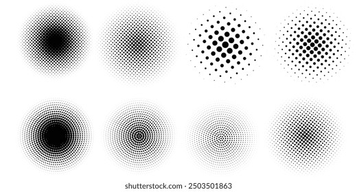 Conjunto de textura de patrón de degradado de puntos de medio tono aislado sobre fondo blanco. Puntos punteados rectos con textura de trama de punto de círculo de medio tono. Vector blot colección de medio tono.