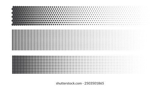 Set of halftone dots gradient pattern texture isolated on white background. Straight dotted spots using halftone circle dot raster texture. Vector blot half tone collection.