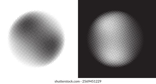 Set of halftone dots gradient pattern texture isolated on white background. Straight dotted spots using halftone circle dot raster texture. Vector blot half tone collection.	