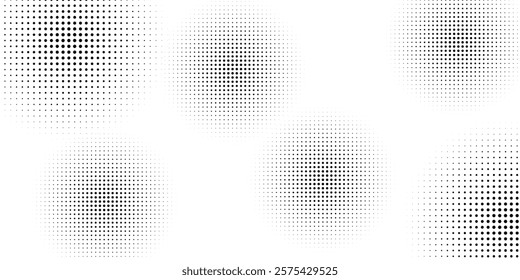 Set of halftone dots gradient pattern texture isolated on white background. Straight dotted spots using halftone circle dot raster texture. Vector blot half tone collection.