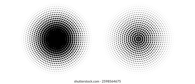Set of halftone dots gradient pattern texture isolated on white background. Straight dotted spots using halftone circle dot raster texture. Vector blot half tone collection.