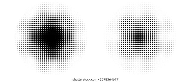 Set of halftone dots gradient pattern texture isolated on white background. Straight dotted spots using halftone circle dot raster texture. Vector blot half tone collection.