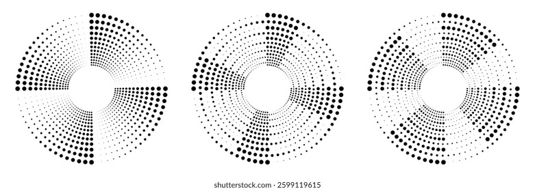 Set of halftone dots gradient pattern texture isolated on white background. Straight dotted spots using halftone circle dot raster texture. Vector blot half tone collection.	
