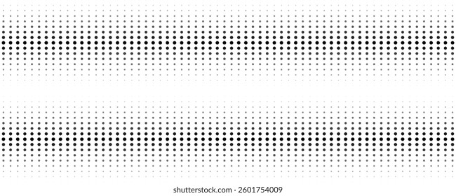 Set of halftone dots gradient pattern texture isolated on white background. Straight dotted spots using halftone circle dot raster texture. Vector blot half tone collection.