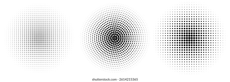 Set of halftone dots gradient pattern texture isolated on white background. Straight dotted spots using halftone circle dot raster texture. Vector blot half tone collection.
