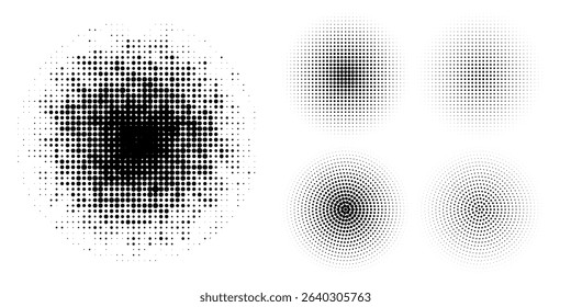 Set of halftone dots gradient pattern texture isolated on white background. Straight dotted spots using halftone circle dot raster texture. Vector blot half tone collection.	
