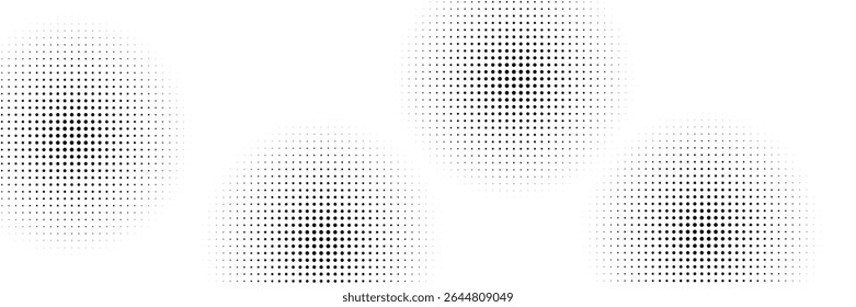 Set of halftone dots gradient pattern texture isolated on white background. Straight dotted spots using halftone circle dot raster texture. Vector blot half tone collection.