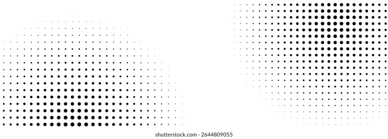 Set of halftone dots gradient pattern texture isolated on white background. Straight dotted spots using halftone circle dot raster texture. Vector blot half tone collection.