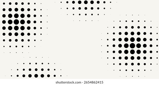 Set of halftone dots gradient pattern texture isolated on white background. Straight dotted spots using halftone circle dot raster texture. Vector blot half tone collection.