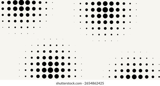 Set of halftone dots gradient pattern texture isolated on white background. Straight dotted spots using halftone circle dot raster texture. Vector blot half tone collection.