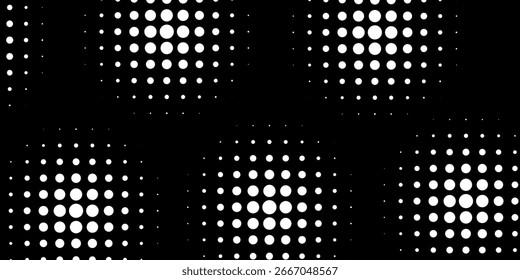 Conjunto de pontos de meio-tom com textura de padrão de gradiente isolada no plano de fundo branco. Pontos pontilhados retos usando textura raster de ponto circular de meio-tom. Coleção de meio-tom de vetor borrado.	