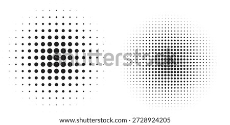 Set of halftone dots gradient pattern texture isolated on white background. Straight dotted spots using halftone circle dot raster texture.