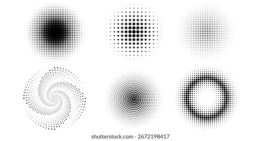 Set of halftone dots pattern texture isolated on white background. Dotted spots using halftone circle dot raster texture collection. Vector half tone collection.