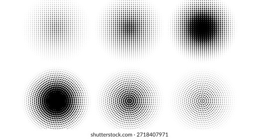 Set of halftone dots pattern texture isolated on white background. Dotted spots using halftone circle dot raster texture collection. Vector half tone collection.