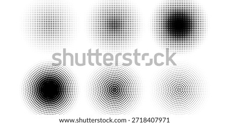Set of halftone dots pattern texture isolated on white background. Dotted spots using halftone circle dot raster texture collection. Vector half tone collection.