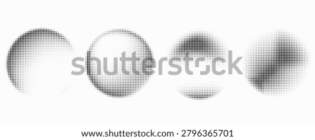 Set of halftone dots pattern texture isolated on white background. Dotted spots using halftone circle dot raster texture collection. Vector half tone collection.