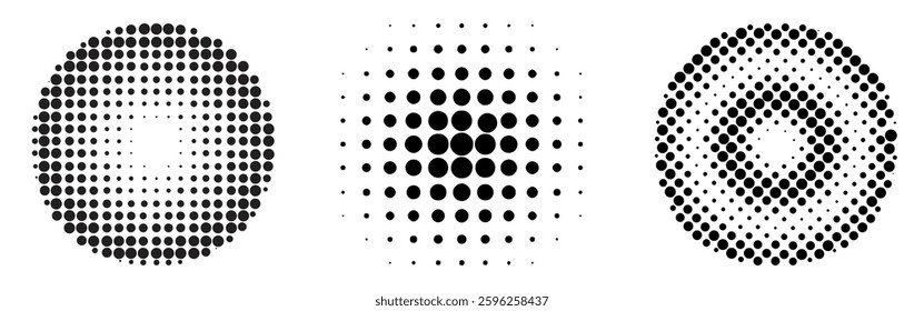 Set of halftone dots of round shape isolated empty background. Set of gray halftone dots faded gradient texture. Retro pixelated vector backdrop circular halftone. Abstract dotted circles halftone.