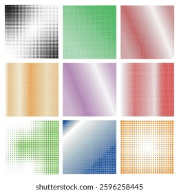 Set of halftone dots of square shape isolated empty background. Set of colored halftone dots faded gradient texture. Retro pixelated vector backdrop square halftone. Abstract dotted circles halftone.