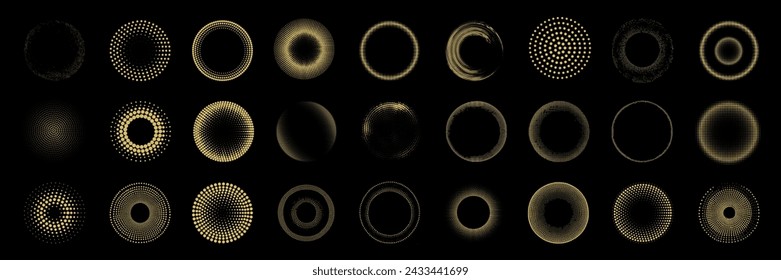 Conjunto de formas de círculos vectoriales de puntos de semitonos. Elementos con textura de puntos de gradación.	
