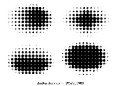 Set of halftone dots vector oval shapes. Abstract dotted stippling shapes. Monochrome halftone gradient shape set.