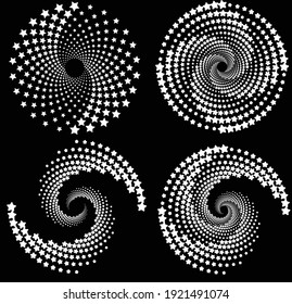 Conjunto de puntos de medio tono en forma de vórtice. Arte geométrico. Elemento de diseño moderno.Líneas circulares y radiales volute, helix.Círculo segmentado con rotación.Líneas de arco radiante.Cochlear,estrellas