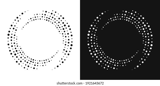 Set of halftone dotted background in circle form in black and white color. Circle random dots, circular and radial lines volute, helix, radiating rotation vortex arc, spiral, swirl - vector