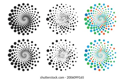 Set of halftone dotted circles in spiral. Geometric art. Design element for frame, logo, tattoo, web pages, prints, posters, template, abstract vector background.