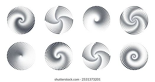 Set of halftone dotted circles. Vector illustration of abstract spiral circles with dots isolated on white background. Circular logo. Poster. Banner. Design element.